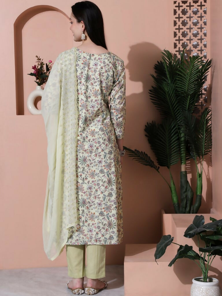 Jyoti Fashion Women's Green Cotton Floral Digital Printed Kurta with Trouser & Dupatta - Distacart
