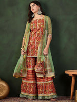 Thumbnail for Sangria Printed Straight Kurta Sharara With Jacket Set