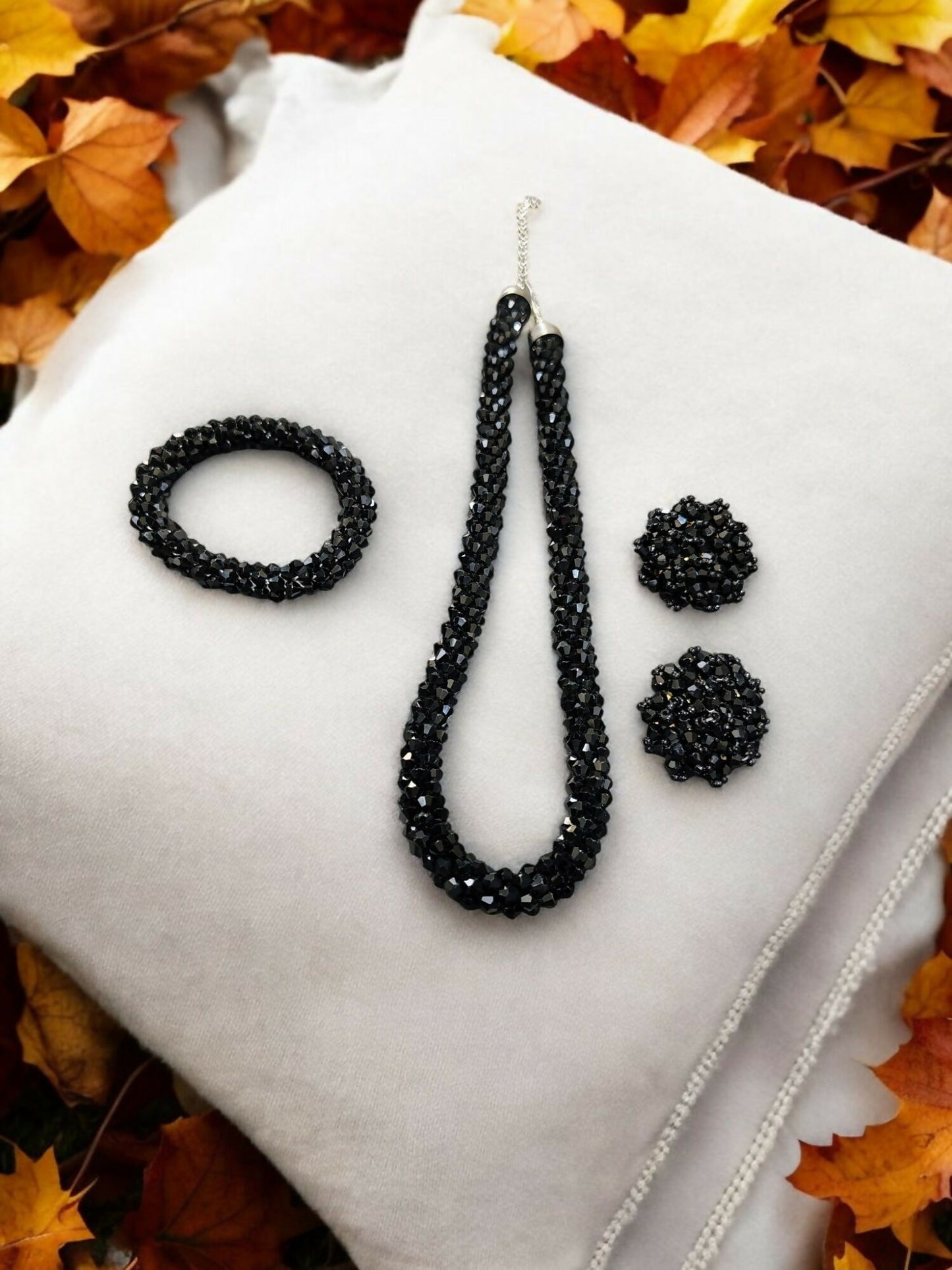 Inhanns Complete Look Crystal Statement 3-Piece Set (Adjustable Necklace + Earrings + Adjustable Bangle ) - Black - Distacart