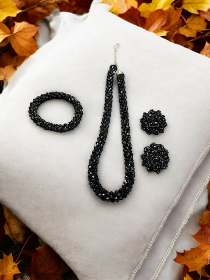 Inhanns Complete Look Crystal Statement 3-Piece Set (Adjustable Necklace + Earrings + Adjustable Bangle ) - Black - Distacart