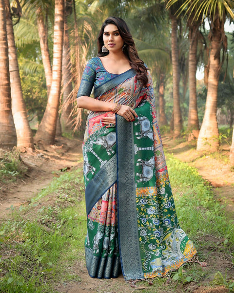 Preksha Creation Multicolor Wedding Premium Tussar Silk Kalamkari-Inspired Motifs Women Saree