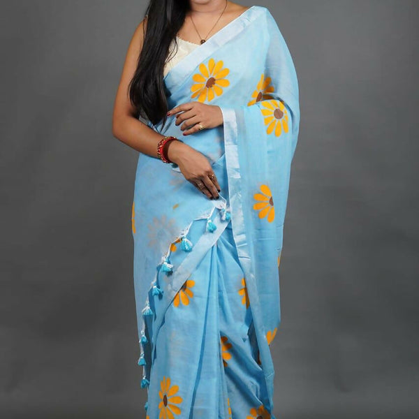 Exclusive Collection Sky Pure Cotton Saree With Sunflower Design