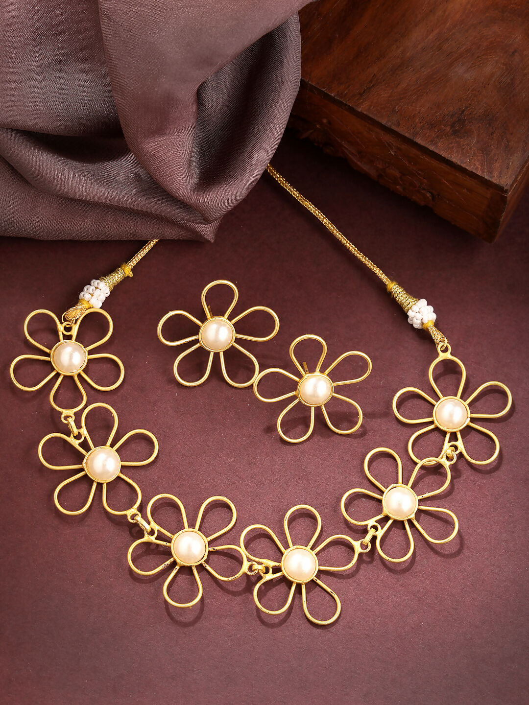 NVR Women's Gold Floral Shape Beaded Handcrafted Jewellery Set - Distacart