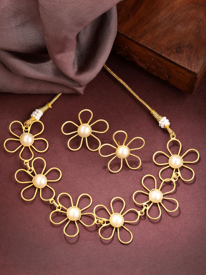 NVR Women's Gold Floral Shape Beaded Handcrafted Jewellery Set - Distacart