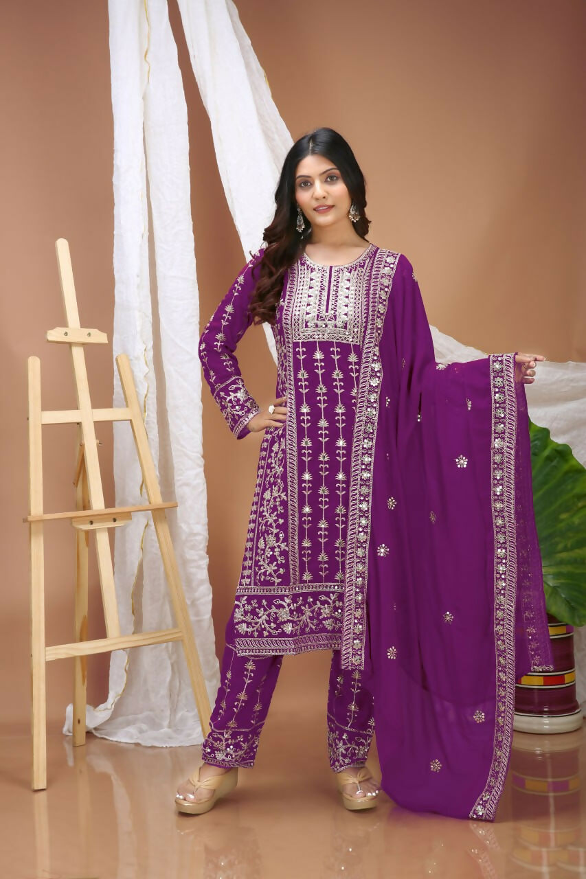 Teeya Creation Wine Faux Georgette Embroidery Work Wedding Wear Salwar Suit - Distacart