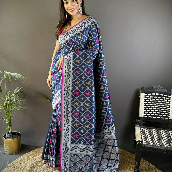 Joban Fashion Royal Blue Jacquard Woven Pattern Lichi Soft Silk Banarasi Saree - Dista