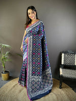 Thumbnail for Joban Fashion Royal Blue Jacquard Woven Pattern Lichi Soft Silk Banarasi Saree - Dista
