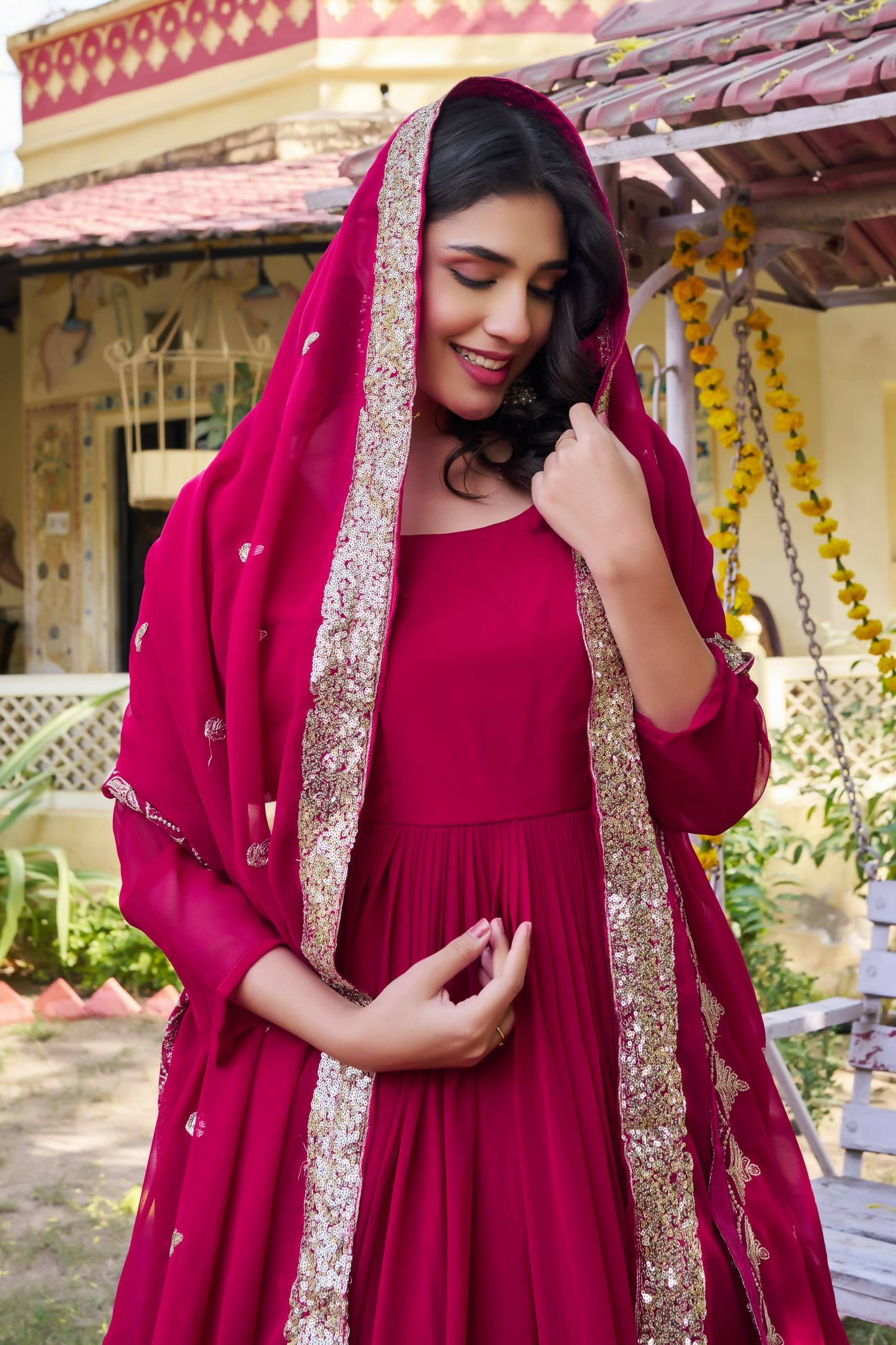 Teeya Creation Womens New Stylish Heavy Sequence Embroidery Work Pink Gown Set - Dista