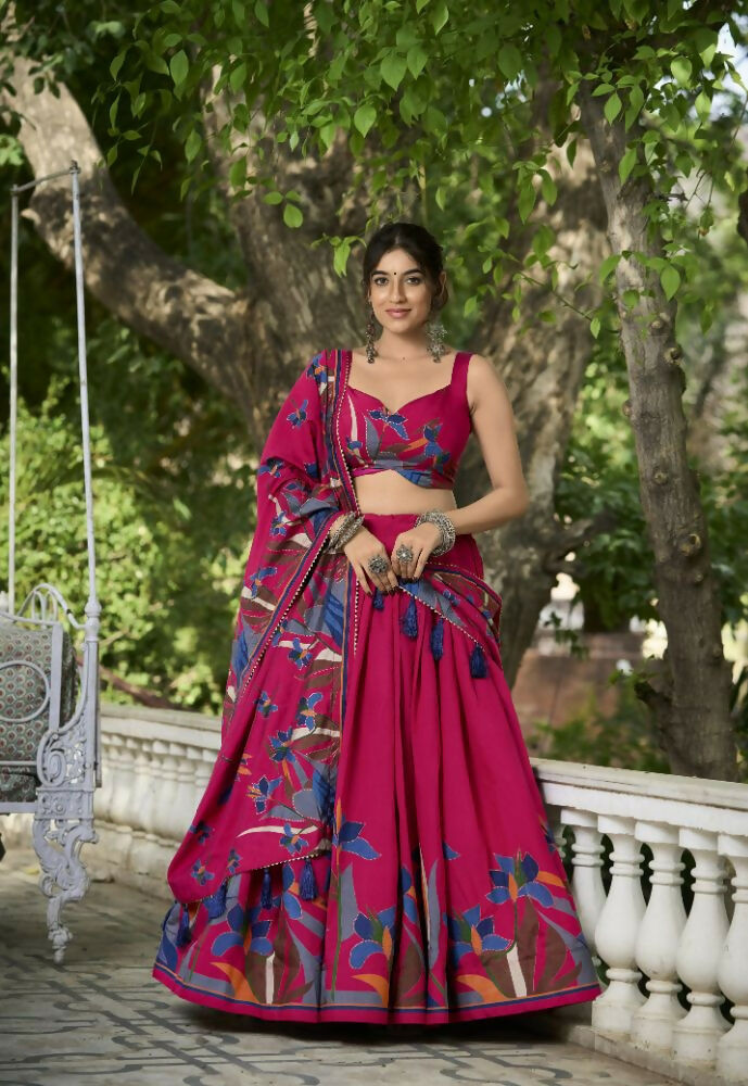 Vastranavya Polyester Viscose Chanderi Lehenga Choli With Intricate Print And Dupatta - Pink - Distacart
