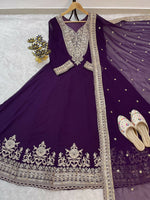 Thumbnail for Teeya Creation Wine Color Faux Georgette Embroidery Work Long Party Wear Gown - Distacart
