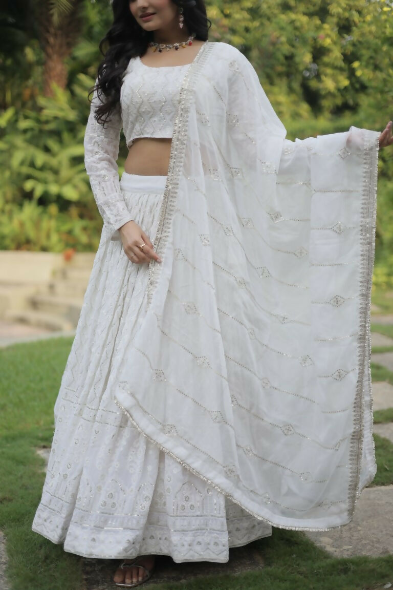 Vastranavya Faux Georgette With Sequins & Thread Embroidered Work Lehenga Choli - White - Distacart