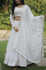 Thumbnail for Vastranavya Faux Georgette With Sequins & Thread Embroidered Work Lehenga Choli - White - Distacart