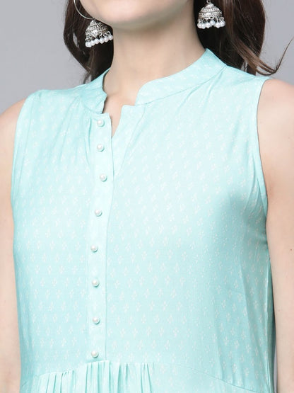 Ahalyaa Women's Sky Blue Rayon Printed Kurta Palazzo Set