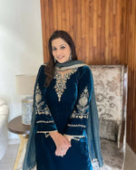Thumbnail for Vastranavya Teal Velvet Cording Sequence Embroidery Work Suit With Dupatta