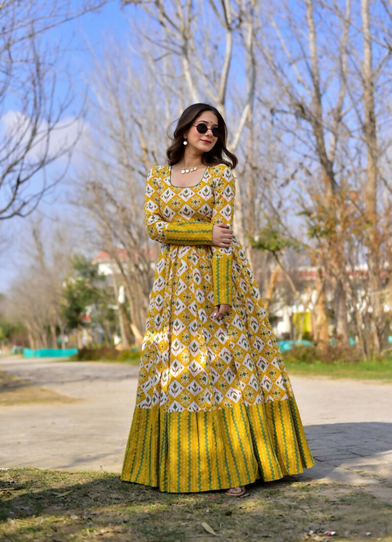 Jyoti Fashion Women's Mustard Heavy Digital Printed Cotton Silk Anarkali Dress - Distacart