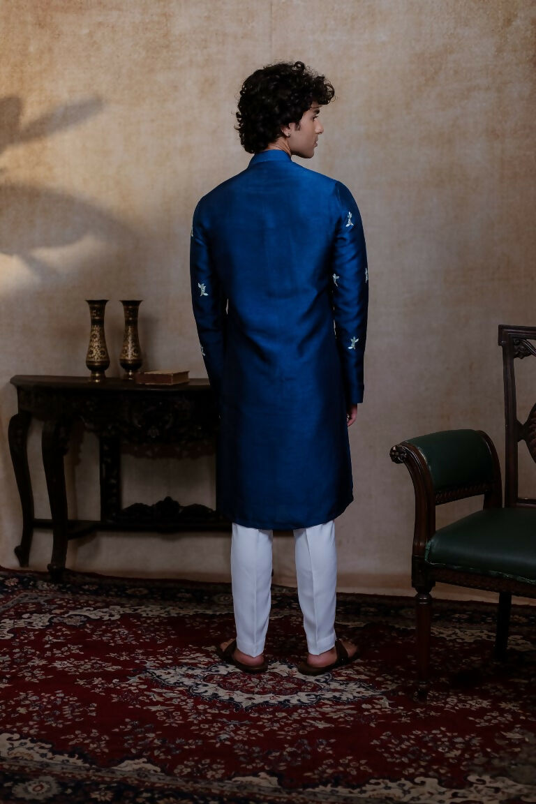 Falling Raw Silk Navy Blue Neel Mayura Kurta Set By Hilo Design