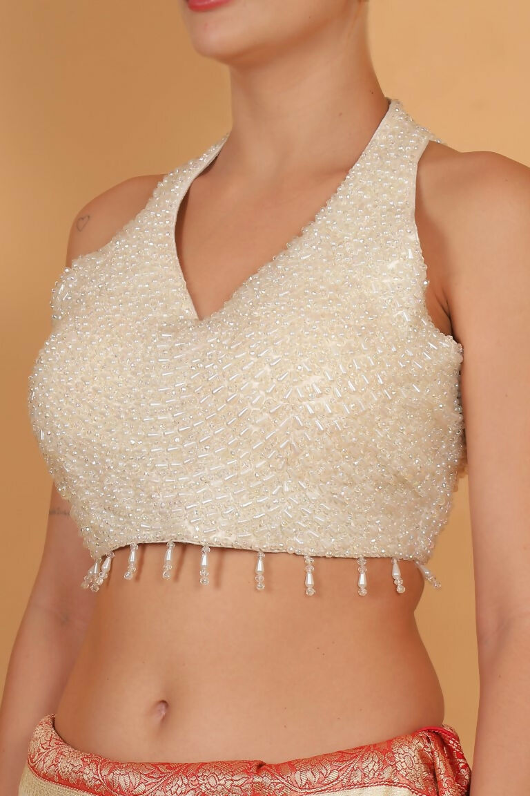 Joban Fashion Silk Pearl And Beads Hand Embroidery Padded Blouse - White