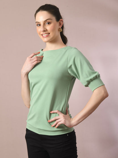 Myshka Women's Sea Green Solid Boat Neck Party Top - Distacart