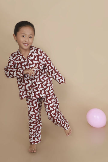 Breathables Kids Cotton Night Suit – Maroon Cat Print Shirt & Pyjama Co-Ord Set For Boys & Girls - Dista