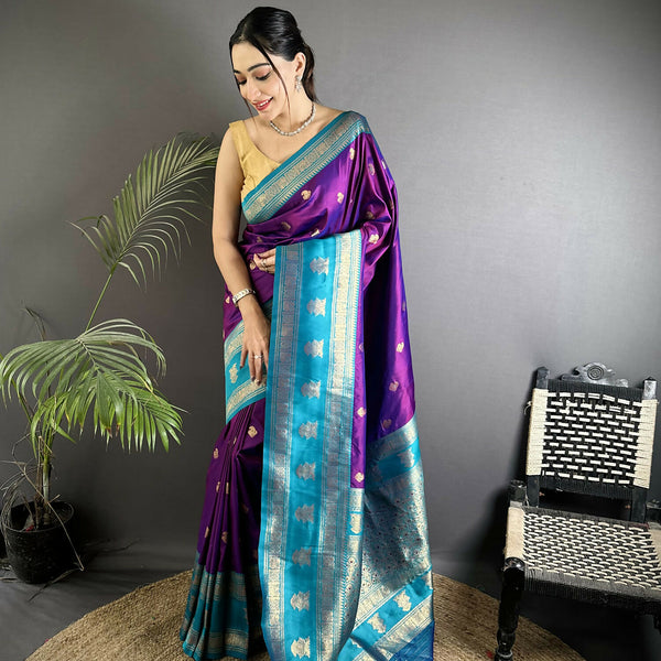 Joban Fashion Purple Banarasi Soft Silk Woven Butti Saree
