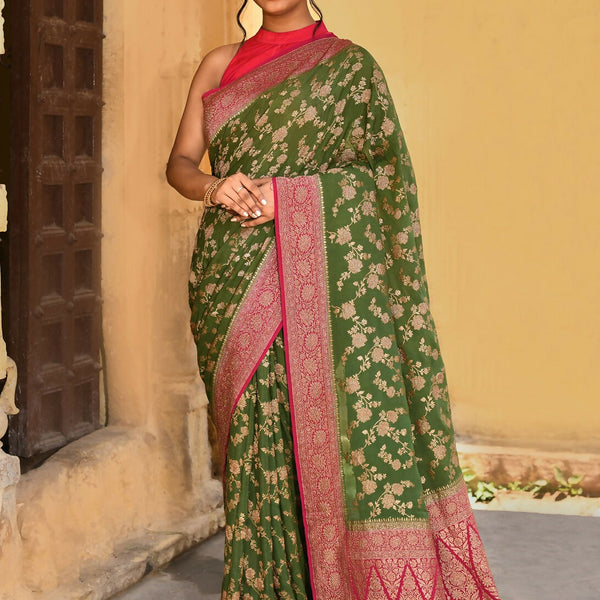 Joban Fashion Green Crepe Chiffon Pure Handloom Banarasi Silk Saree