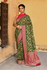 Thumbnail for Joban Fashion Green Crepe Chiffon Pure Handloom Banarasi Silk Saree