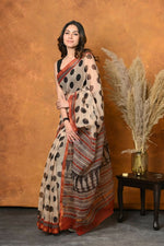 Thumbnail for Very Much Indian Handblock Printed Cotton Saree With Natural Dyes - White - Distacart
