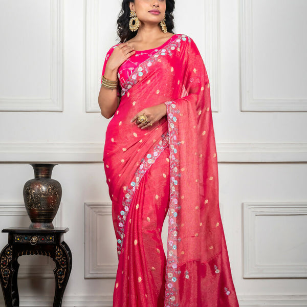 Morchari Pink Pure Chiffon Hand Embroidery Saree And Stitched Blouse - Distacart