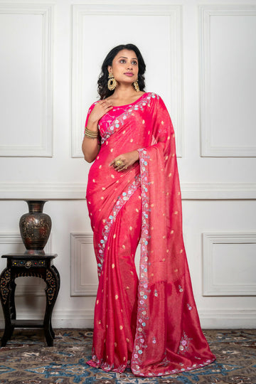 Morchari Pink Pure Chiffon Hand Embroidery Saree And Stitched Blouse - Distacart