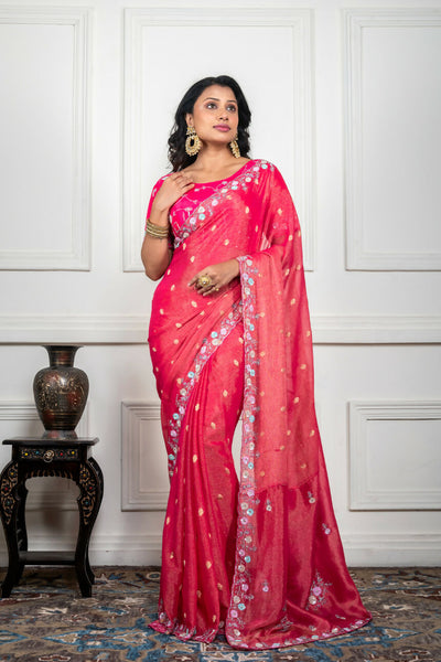 Morchari Pink Pure Chiffon Hand Embroidery Saree And Stitched Blouse