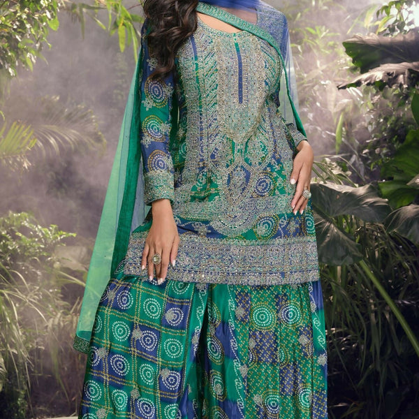 Anaita Blue Chinon Stitched Suit with Embroidery & Sequence Work - Distacart