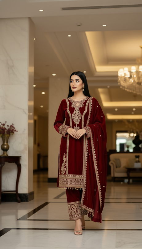 Teeya Creation Maroon Color Velvet Fabric Designer Embroidery Work Suit