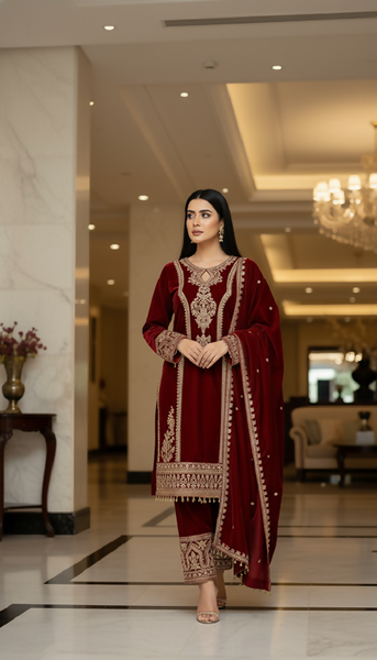 Teeya Creation Maroon Color Velvet Fabric Designer Embroidery Work Suit