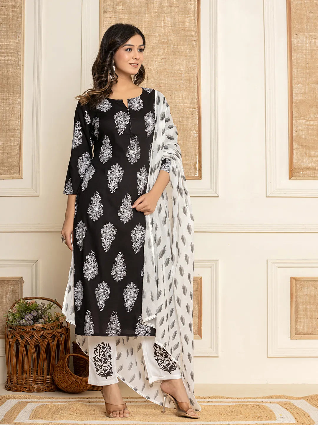 Yufta Women Black Paisley Print Rayon Kurta With Hand Block Print Palazzo & Dupatta - Distacart