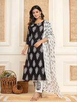 Thumbnail for Yufta Women Black Paisley Print Rayon Kurta With Hand Block Print Palazzo & Dupatta