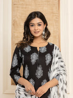 Thumbnail for Yufta Women Black Paisley Print Rayon Kurta With Hand Block Print Palazzo & Dupatta