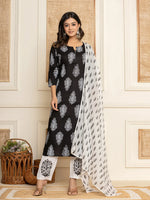 Thumbnail for Yufta Women Black Paisley Print Rayon Kurta With Hand Block Print Palazzo & Dupatta