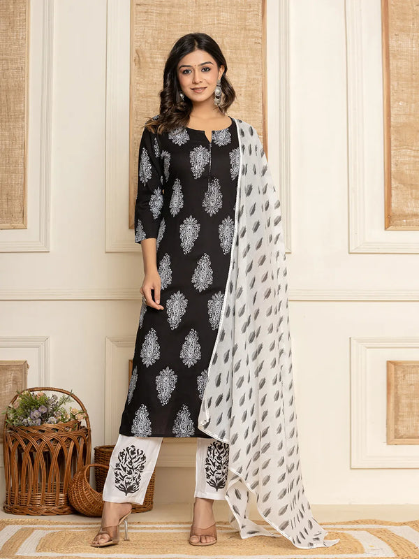 Yufta Women Black Paisley Print Rayon Kurta With Hand Block Print Palazzo & Dupatta