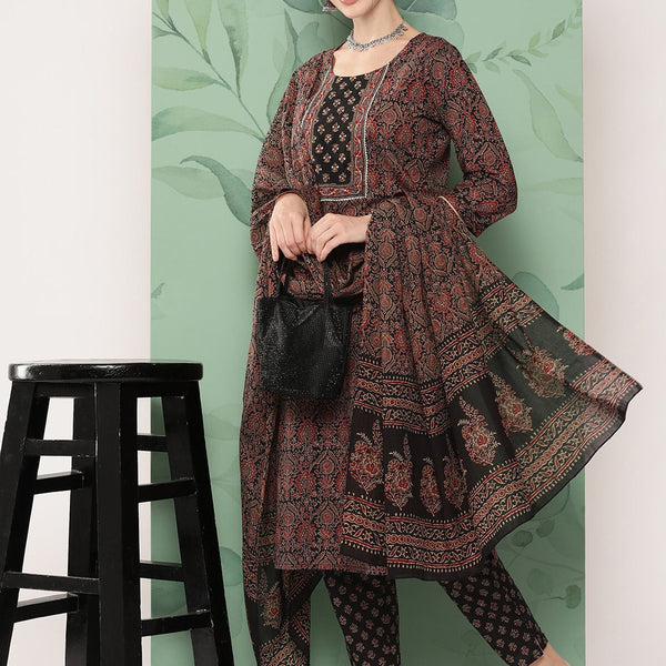 Yufta Women Black & Red Floral Printed Pure Cotton Kurta with Trousers & With Dupatta - Distacart