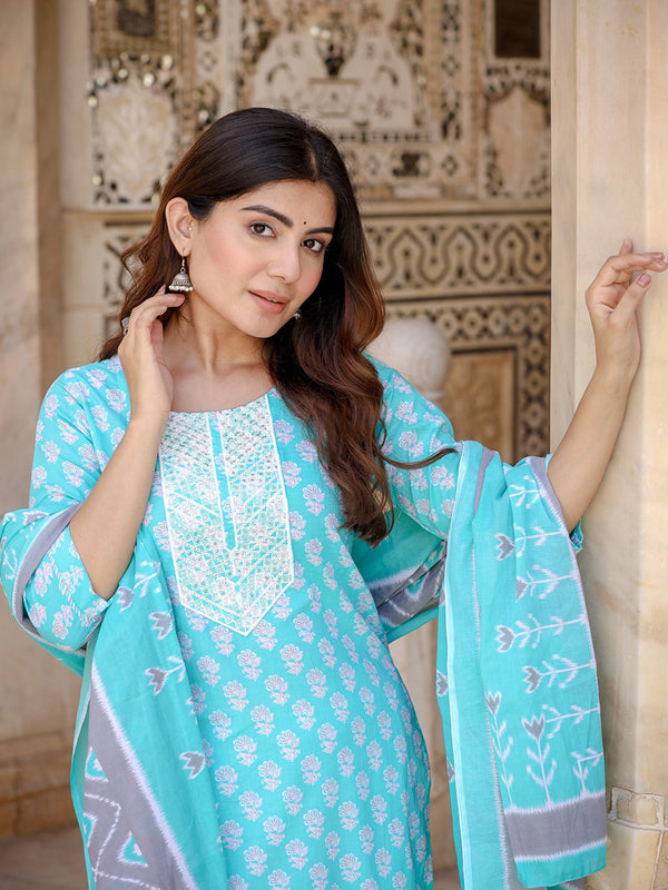 Yufta Women Floral Embroidered Regular Thread Work Kurta with Trousers & Dupatta - Distacart