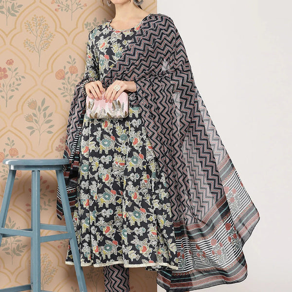 Yufta Women Floral Printed Regular Pure Cotton Kurta with Trousers & With Dupatta - Distacart