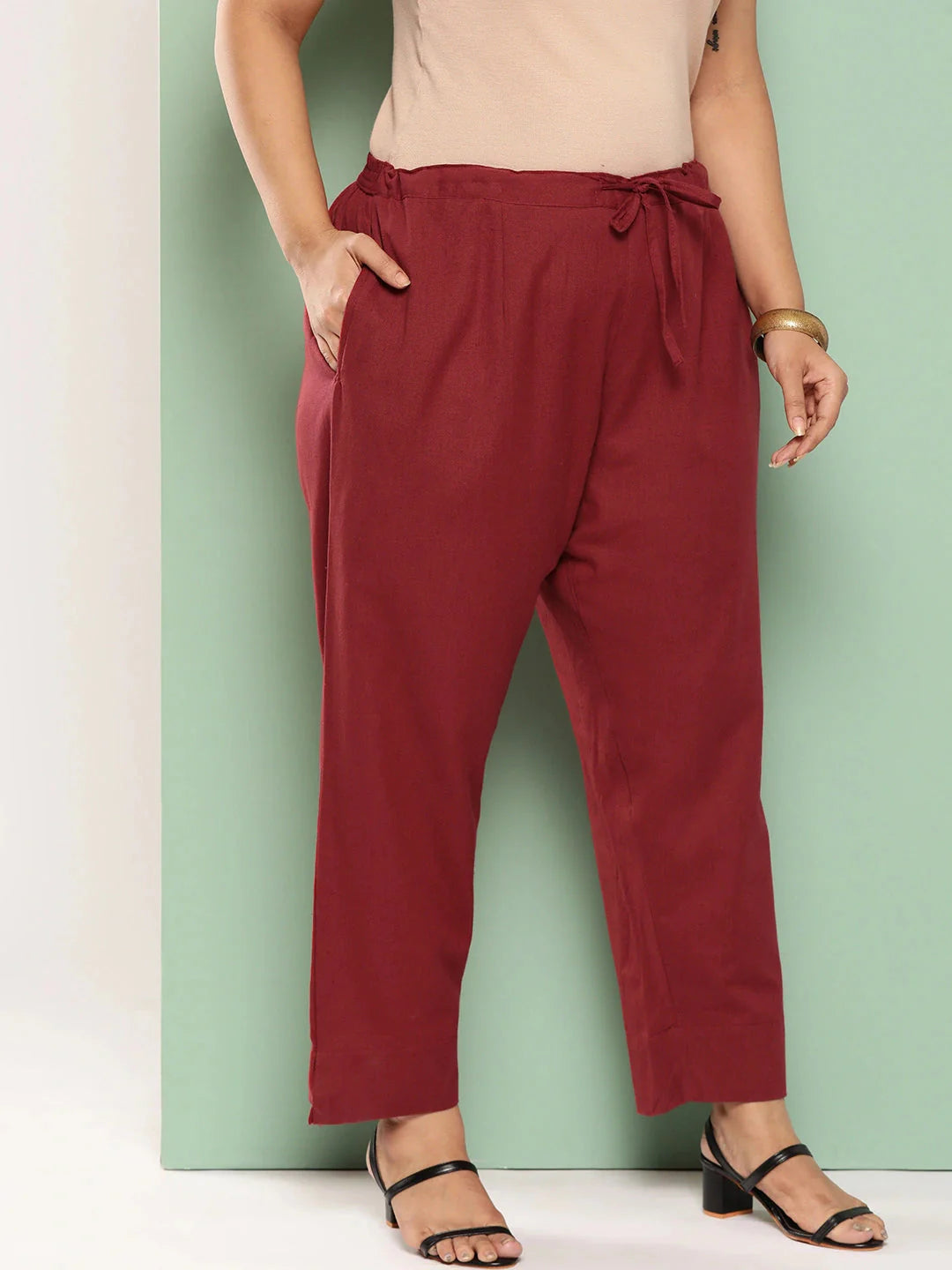 Yufta Women Plus Size Maroon Cotton Ethnic Trousers - Distacart