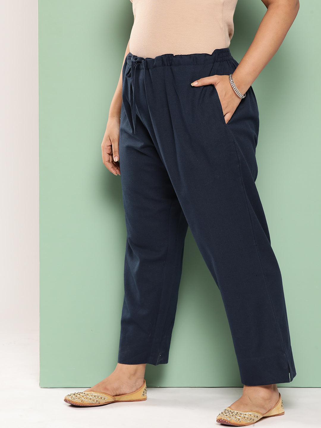 Yufta Women Plus Size Navy Blue Cotton Ethnic Trousers - Distacart