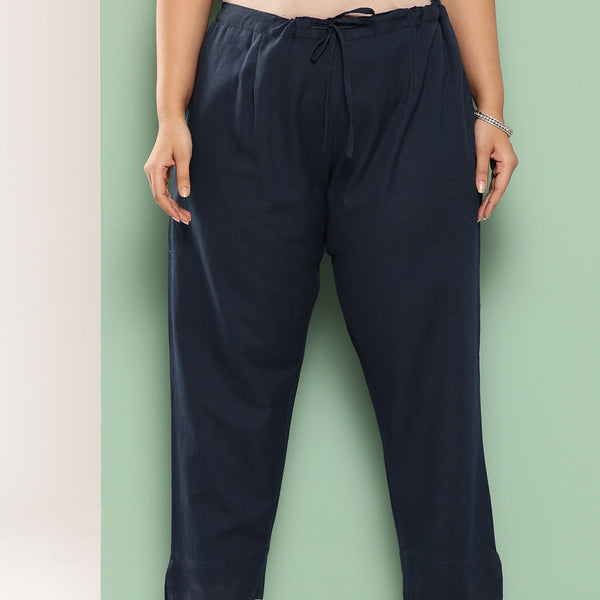 Yufta Women Plus Size Navy Blue Cotton Ethnic Trousers - Distacart