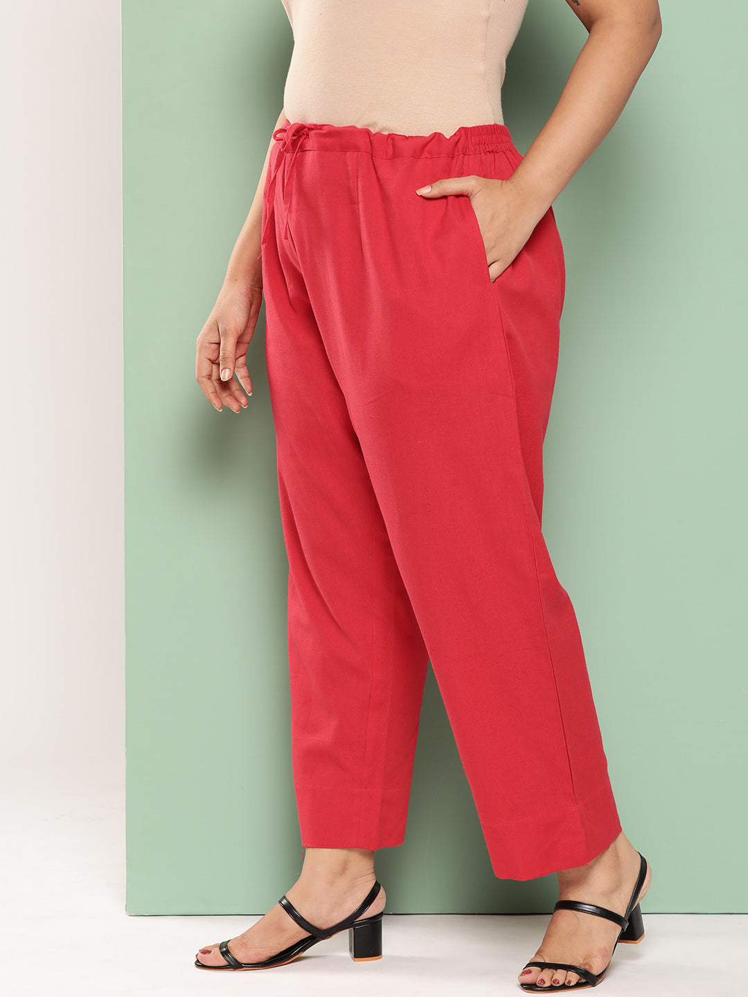 Yufta Women Plus Size Red Cotton Ethnic Trousers - Distacart