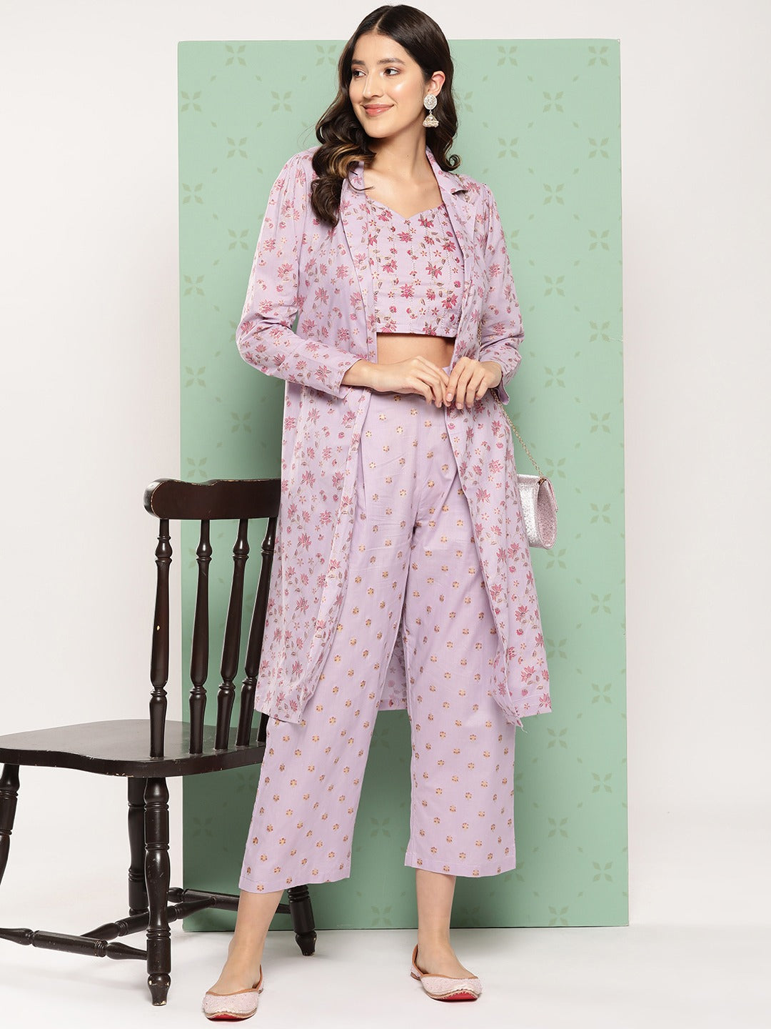 Yufta Women Printed Cotton Top with Trousers with Shrug - Distacart