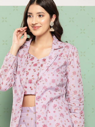 Yufta Women Printed Cotton Top with Trousers with Shrug - Distacart