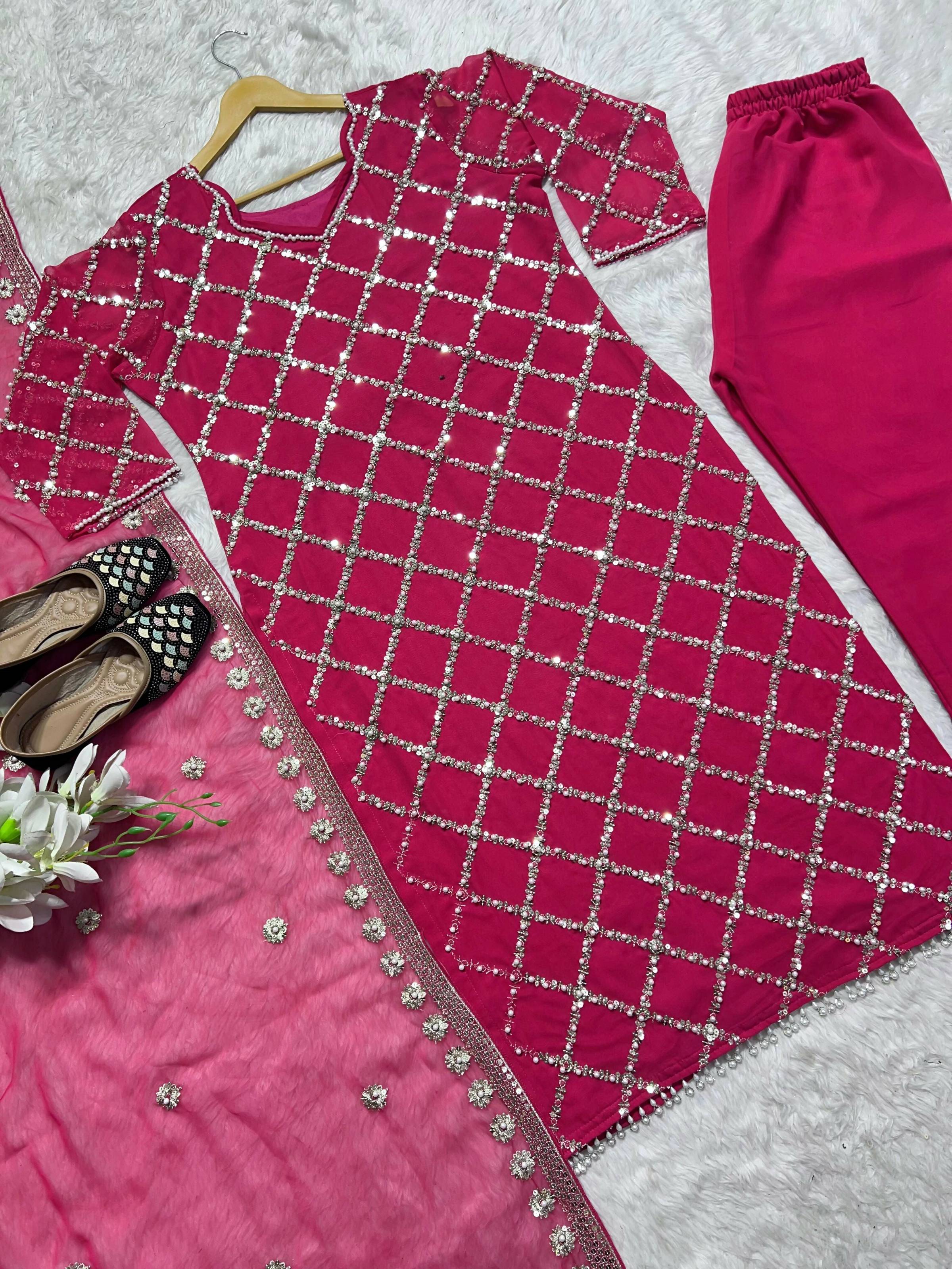 Preksha Creation Indian Festival Special Women Faux Georgette Sequence Embroidered Work Top And Pant With Dupatta - Red - Distacart