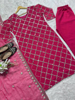 Thumbnail for Preksha Creation Indian Festival Special Women Faux Georgette Sequence Embroidered Work Top And Pant With Dupatta - Red - Distacart