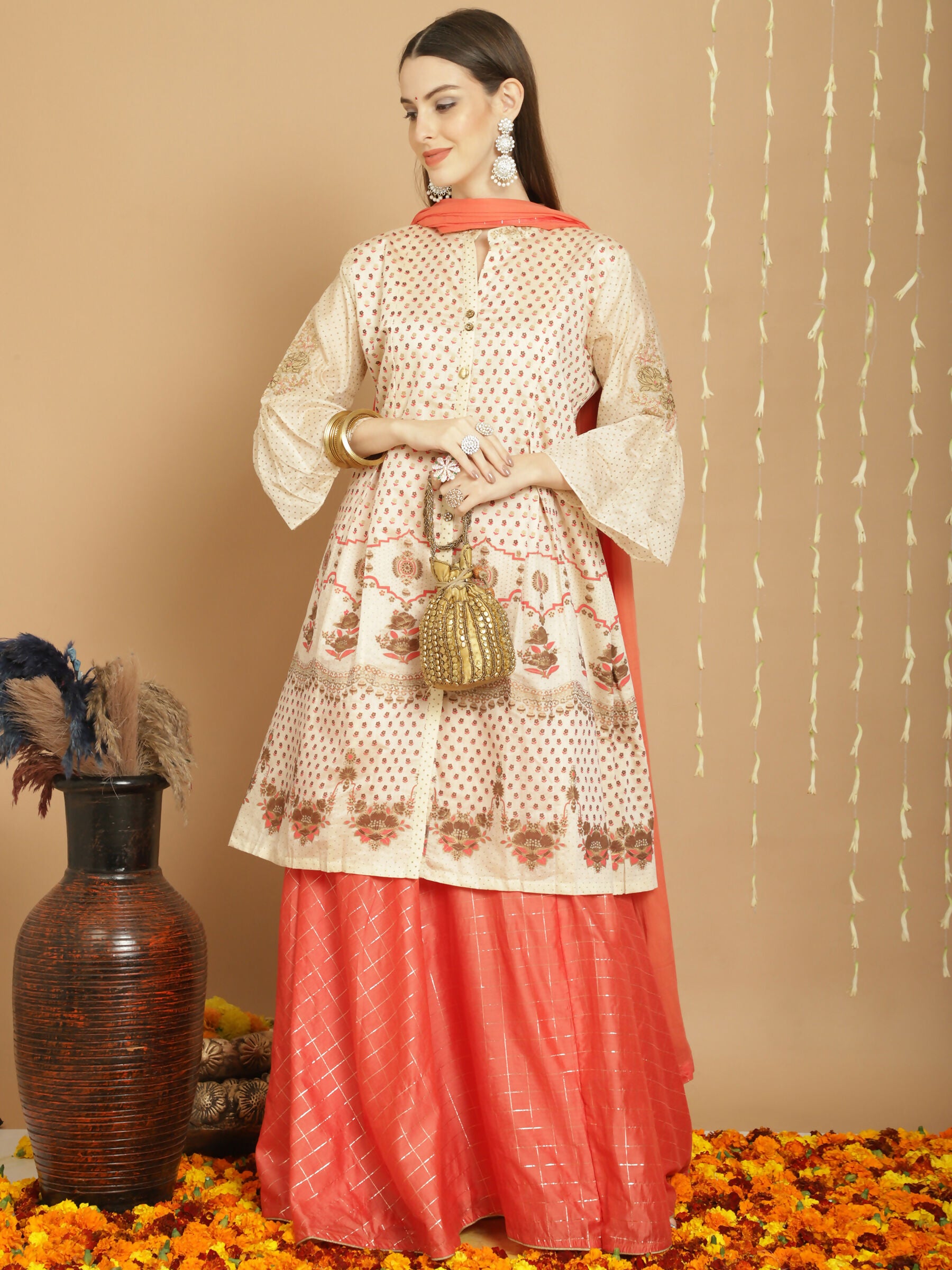 Jyoti Fashion Women's Cream Chanderi Silk Elegant Jardoshi Semi Kurta with Trouser & Dupatta - Distacart